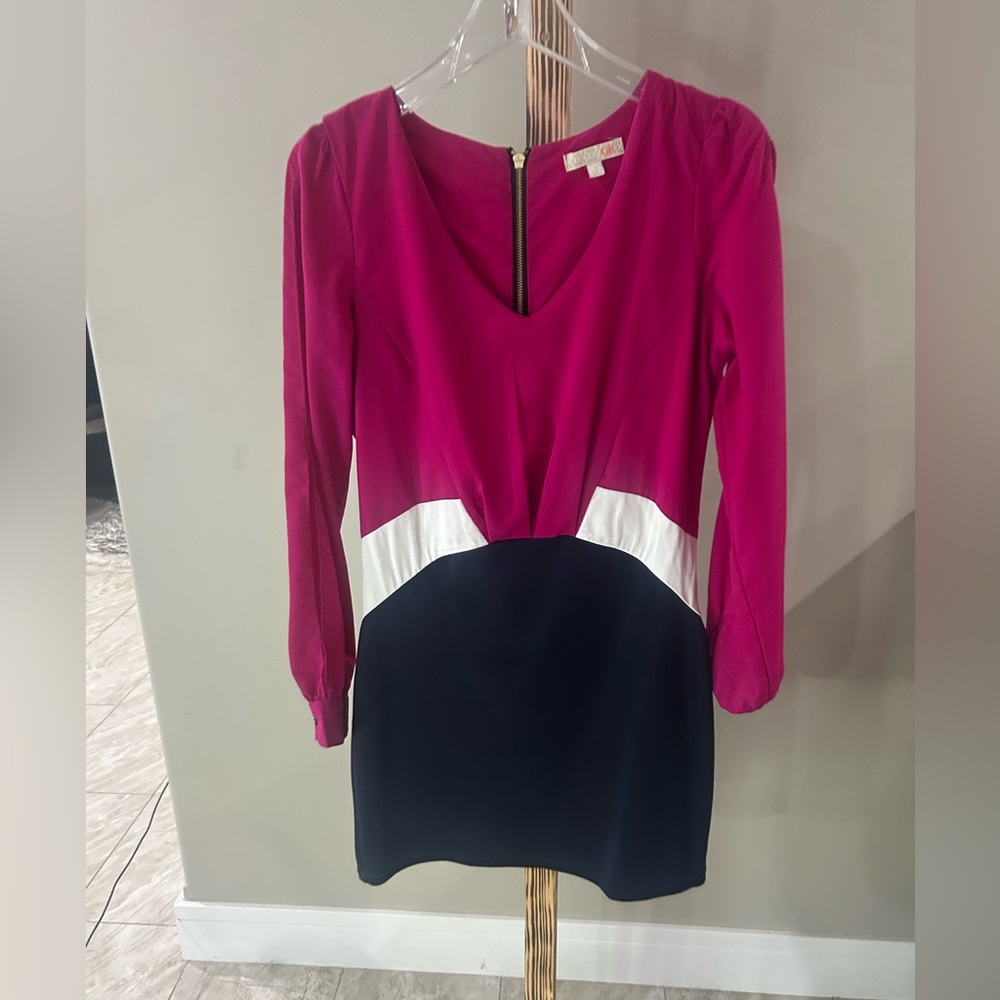 Gianni Bini Pink White Navy Colorblock V-Neck Long Sleeve Dress Size 9 - Picture 4 of 8